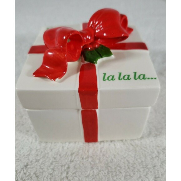 Fitz and Floyd Christmas Trinket Gift Box Bow Fa La La La La Red Green Vintage - Picture 2 of 9